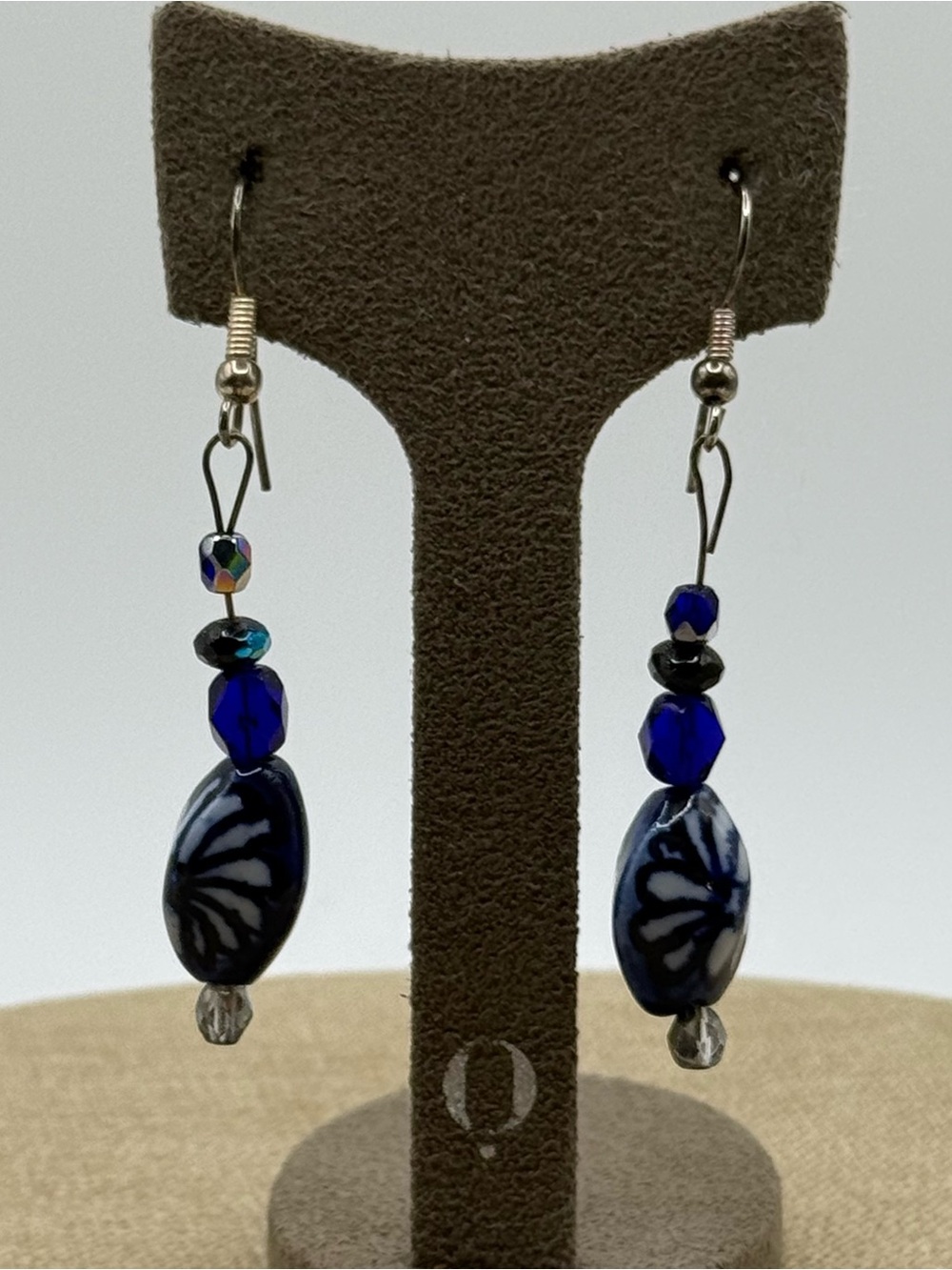 Handmade Blue Glass and ceramic Bead Dangle Earrings